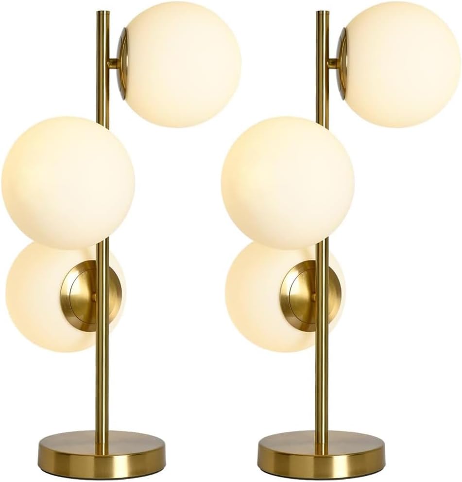 Bedside Table Lamps Set of 2, Mid Century Gold Globe Table Lamp, 3-Light Desk Lamp with Milk White Glass Shade Metal Base, Living Room End Table Lamp Nightstand Lamps for Bedroom
