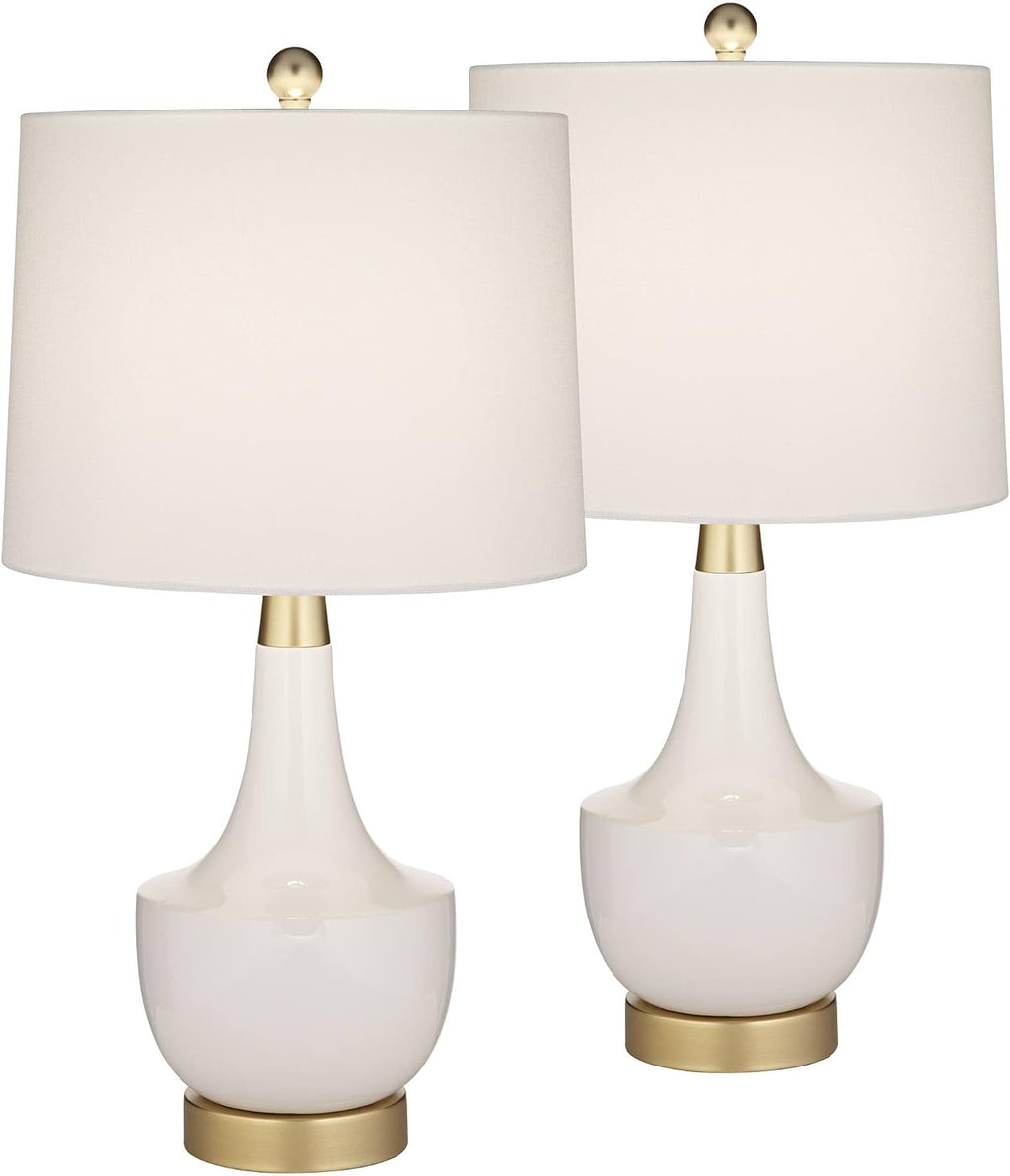 360 Lighting Nesbit 25' High Mid Century Modern Table Lamps Set of 2 USB Port White Gold Ceramic Metal Fabric Shade Living Room Charging Bedroom Bedside Nightstand House Office Home Reading Kitchen