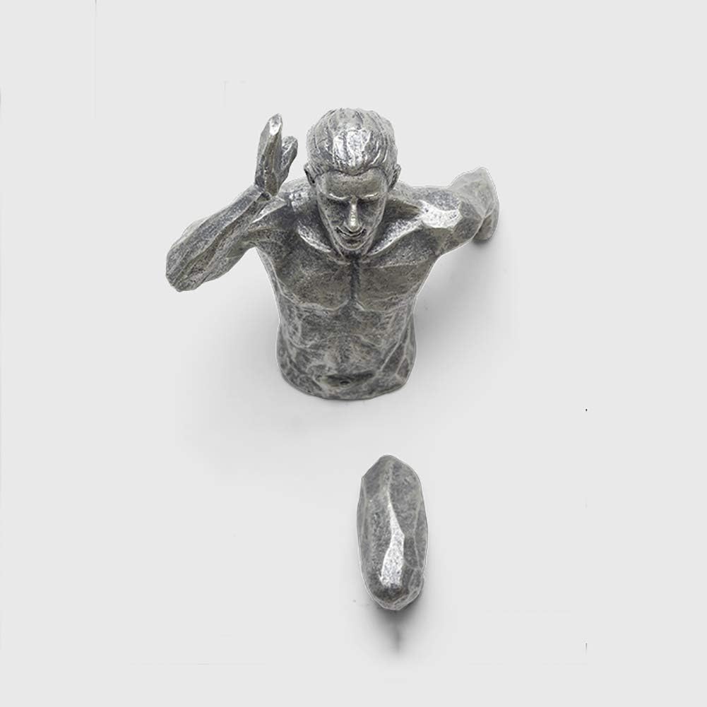 Metal Wall Art Decor, Creative Nude Male Wall Decor Sculptures,Human Torso 3D Body Art Statues for Bar Coffee Club,Running Climbing Man Wall Hanging Golden (Color : Silvery)