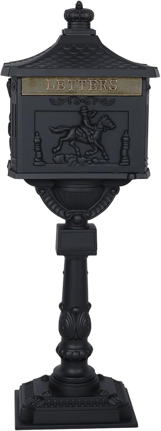 Cast Aluminum Post Mount Mailbox, Heavy Duty Courtyard Villa Decoration Vertical Security Postal Mailbox, Black