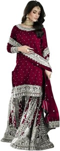 Vaidehi craft Women's Faux Georgette Embroidered Straight Kurta with Sharara & Dupatta Set with Rivet Moti Work