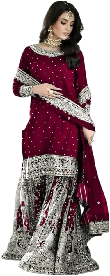 Vaidehi craft Women's Faux Georgette Embroidered Straight Kurta with Sharara & Dupatta Set with Rivet Moti Work