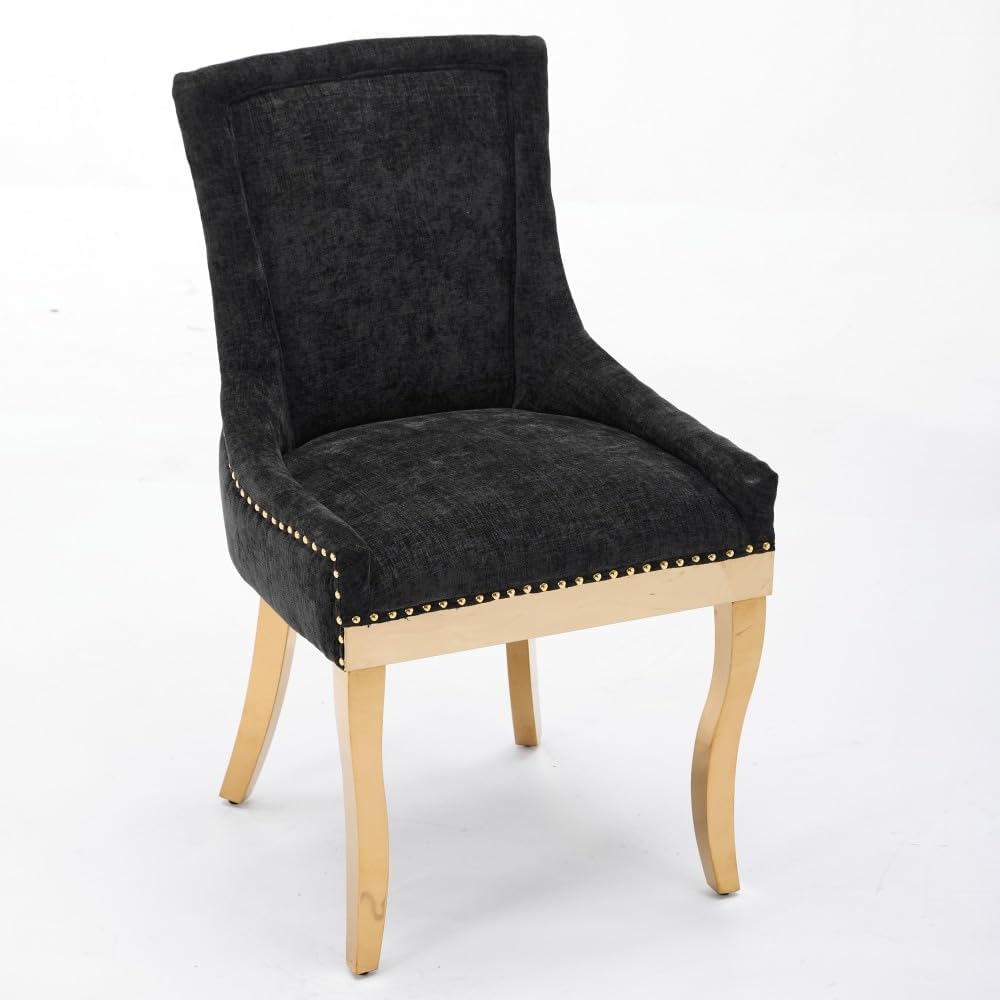 Chenille Dining Chairs Set of 2, Modern Upholstered Accent Chairs with Curved Gold-Plated Legs & Rivet Trim, Textured Fabric, One-Piece Structure for Dining/Lounge(Black + Chenille)