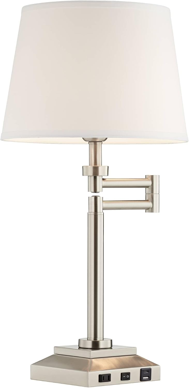 360 Lighting Camber 29' Tall Modern Swing Arm Hotel Style Desk Table Lamp with USB Charging Ports A+C and AC Power Outlet in Base Brushed Nickel Linen Shade Living Room Bedroom House Bedside Reading