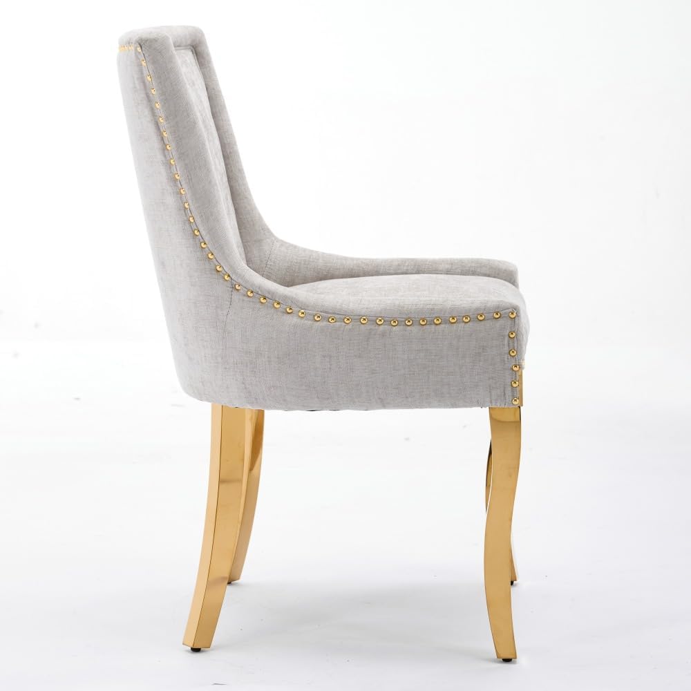 Chenille Dining Chairs Set of 2, Modern Upholstered Accent Chairs with Curved Gold-Plated Legs & Rivet Trim, Textured Fabric, One-Piece Structure for Dining/Lounge(Beige + Chenille)