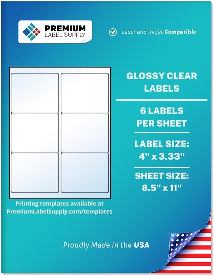 Premium Label Supply Glossy Clear Mailing Labels – 4' x 3.33' – Laser/Inkjet Compatible – (6 per Sheet), 500 Sheets – 3,000 Total Adhesive Labels