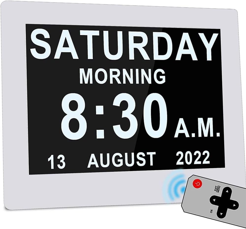 Dementia Clock,Remote Con Digital Calendar Day Alarm Clock,8 Alarms Dementia Clocks Extra Large Non-Abbreviated Alzheimer Memory Loss Vision Impaired Alarm Clock for Seniors Elderly ( Color : White ,