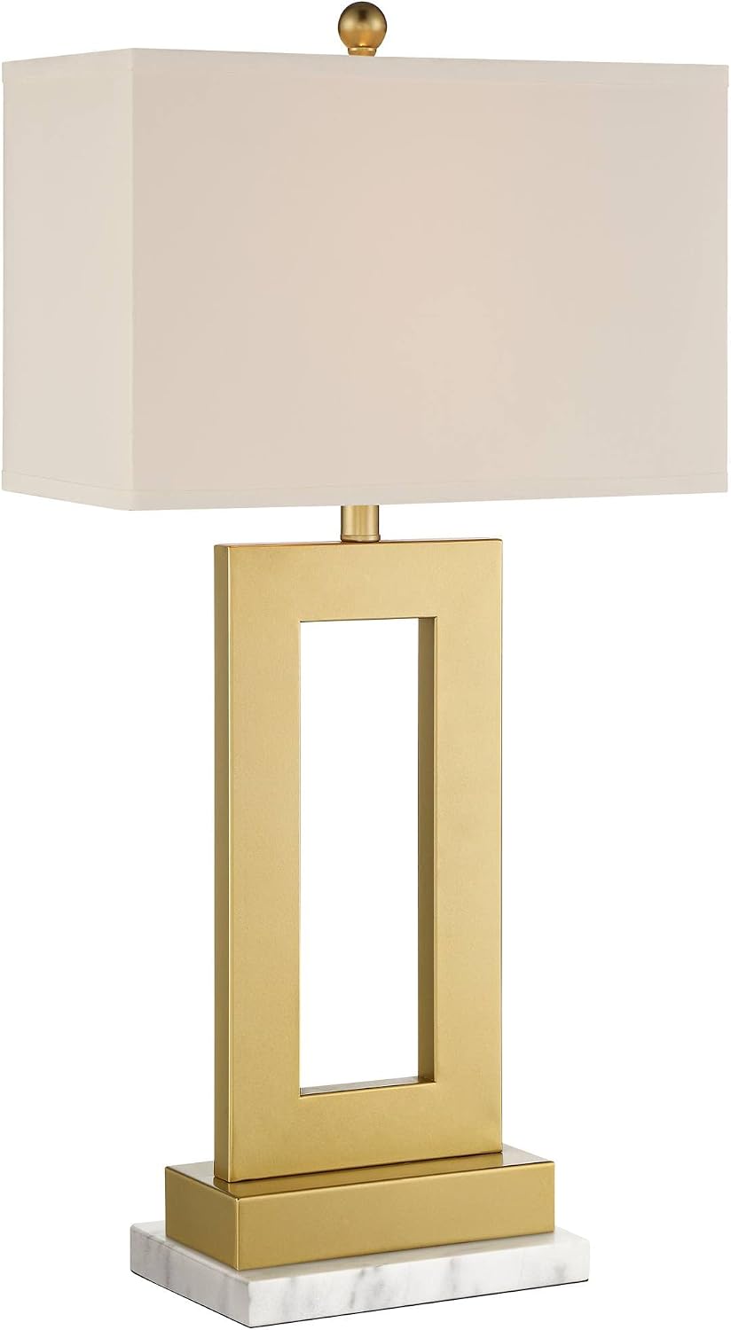 360 Lighting Marshall Modern Table Lamp with White Marble Riser 30' Tall Champagne Gold Metal Oatmeal Rectangular Box Shade Decor for Bedroom Living Nightstand Bedside Office Kids Room