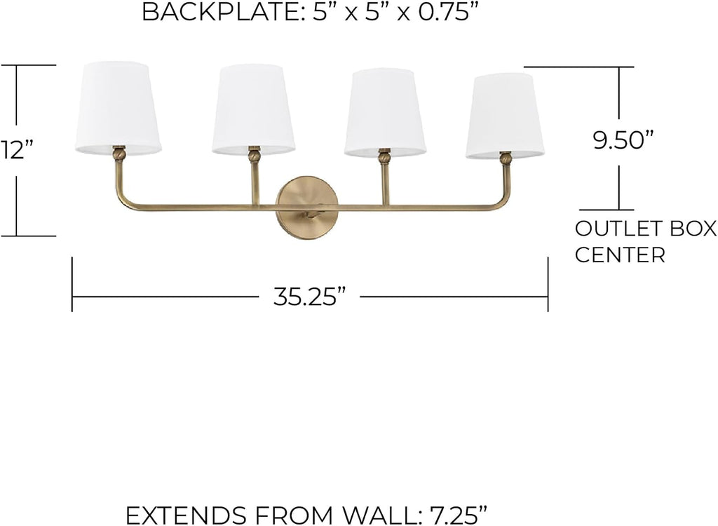 Capital Lighting 119341AD-674 Dawson Decorative White Fabric Stay-Straight Shade Bath Vanity Wall Mount, 4-Light 240 Total Watts, 12' H x 35' W, Aged Brass