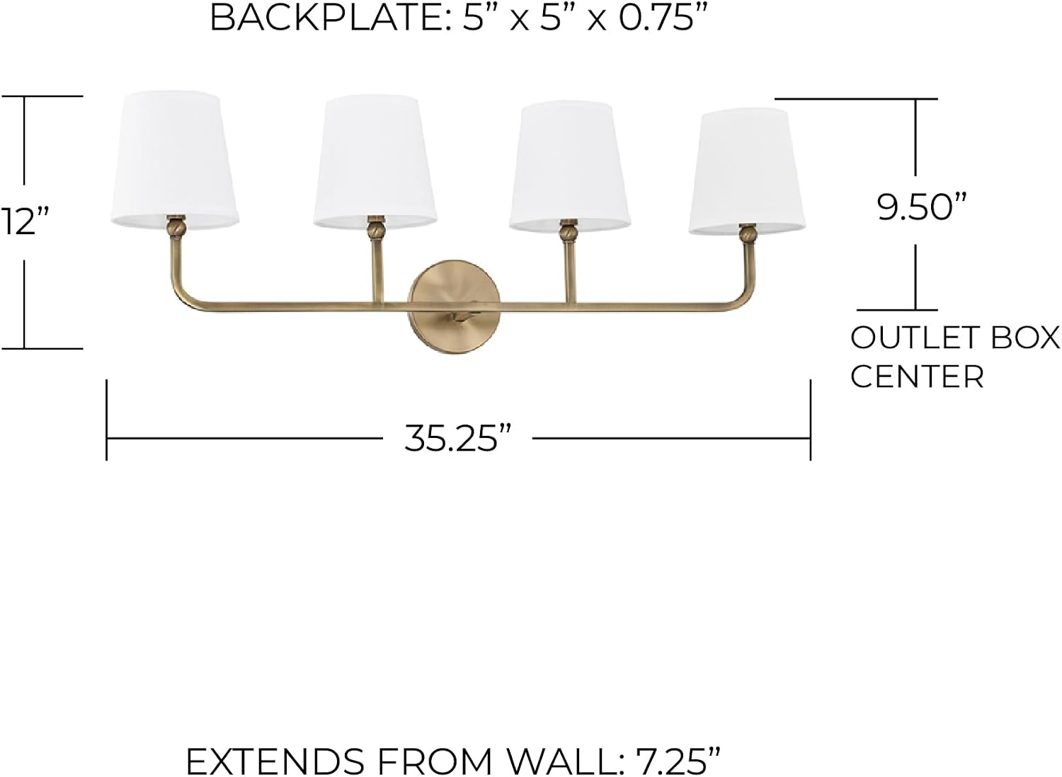 Capital Lighting 119341AD-674 Dawson Decorative White Fabric Stay-Straight Shade Bath Vanity Wall Mount, 4-Light 240 Total Watts, 12' H x 35' W, Aged Brass