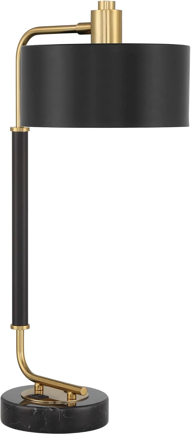 Possini Euro Design Myles 24' High Mid Century Modern Desk Lamp with USB Charging Ports A+C Black Gold Metal Drum Shade Decor for Bedroom Living Room Bedside Nightstand House Home Office