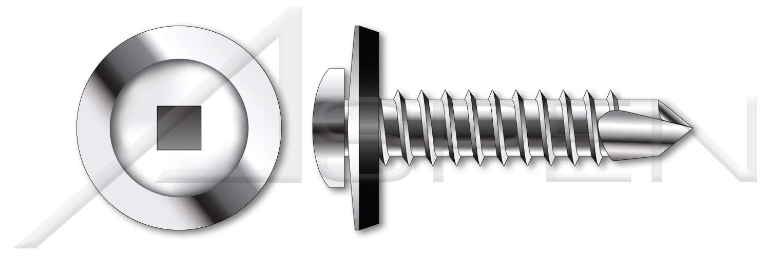 (100 pcs) #14 X 1, Self-Drilling Screws, Pan Square Drive with Sealing Washer, 410 Stainless Steel