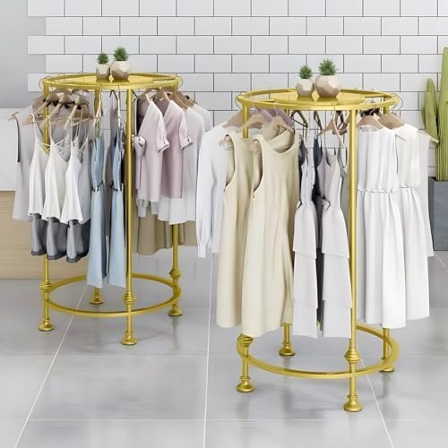 Freestanding Round Garment Display Retail Rack, Commercial Clothing Hanging Rack, Floor-Standing Multi-Purpose Metal Shelf for Clothes Storage (Gold-70x70x130cm