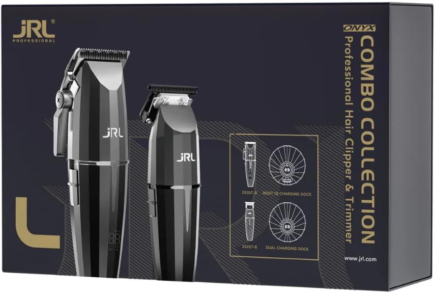JRL Professional Cordless Hair Clipper & Trimmer Combo Set with Smart-Clip™ Adaptive Motor Technology to Prevent Snagging & Stalling, Onyx Series Barber Hair Cutting Kit, Precision Fade Blade, Black