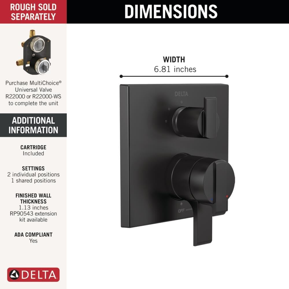 Delta Modern Dual-Function Shower Handle Trim Kit with 3-Way Integrated Diverter, Matte Black Shower System Valve with Diverter, Matte Black T27867-BL (Valve Not Included)