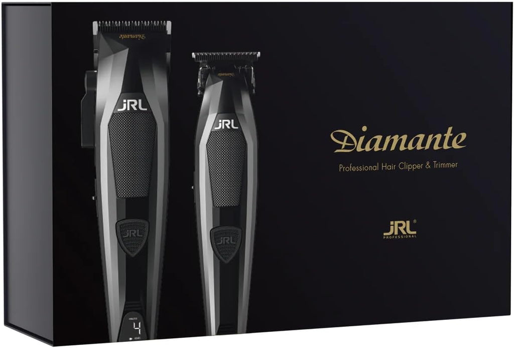 JRL Diamante Clipper & Trimmer Set – Brushless Motor, Fade Blade, Smart Clip Technology, Reset IQ Charge, 8200 RPM, 4-Hour Run Time for Barbers & Stylists (Black)