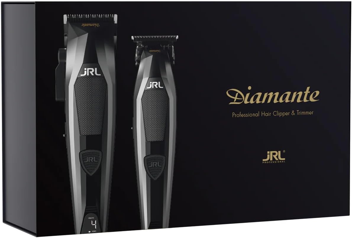 JRL Diamante Clipper & Trimmer Set – Brushless Motor, Fade Blade, Smart Clip Technology, Reset IQ Charge, 8200 RPM, 4-Hour Run Time for Barbers & Stylists (Black)