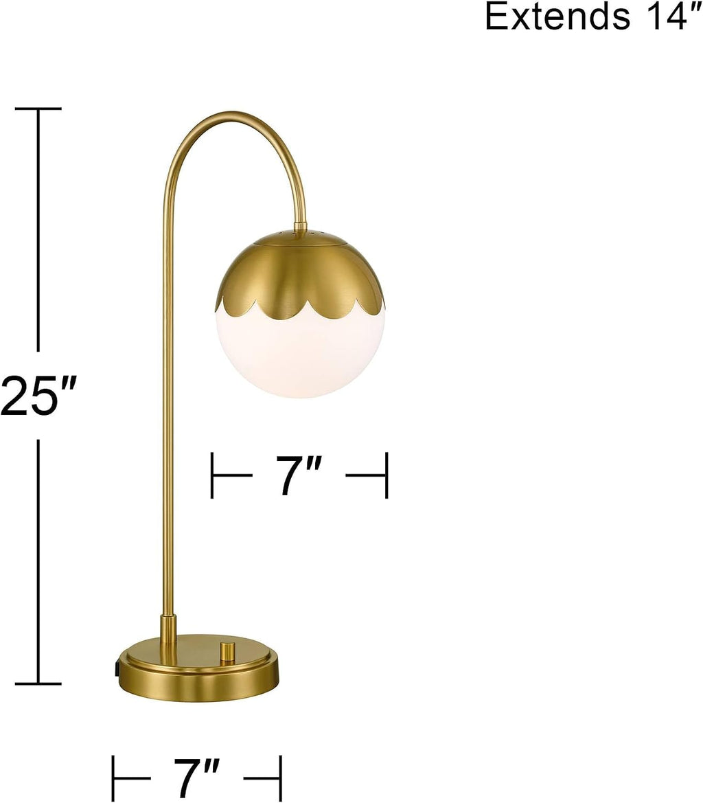 360 Lighting Kelowna 25' High Modern Desk Lamp with USB Charging Ports A+C and AC Power Outlet Gold Antique Brass Finish Metal White Globe Shade Home Office Living Room Bedroom