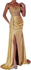 Women's Sequin Split Evening Dress Long Satin Streamer Wedding Party Gown Prom