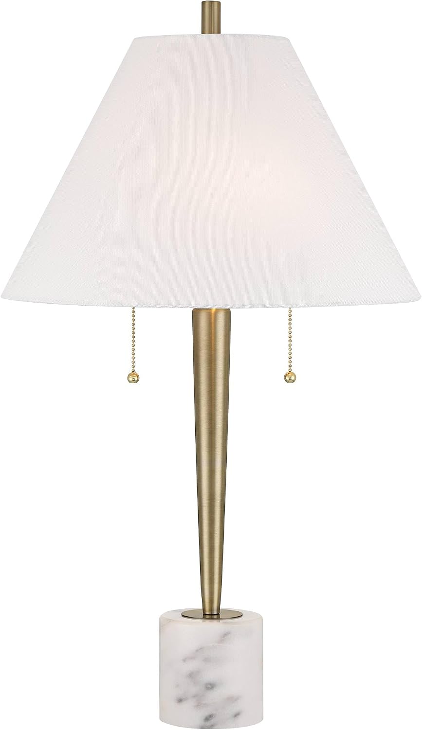 Possini Euro Design Brandi 27 1/2' Tall Modern Glam Luxury Table Lamp Pull Chain Gold Brass Finish Metal Marble Single White Shade Living Room Bedroom Bedside Nightstand House Office Home Reading