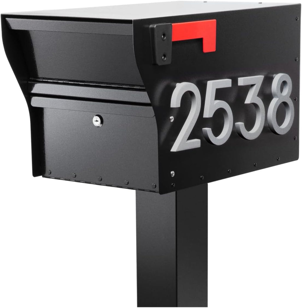 Whitehall MailVault Streetside Locking Mailbox with Standard Post and Personalizable Stand-Off Numbers – Steel, Secure Weather Resistant Modern Square Mailbox & Post (Black/Silver)