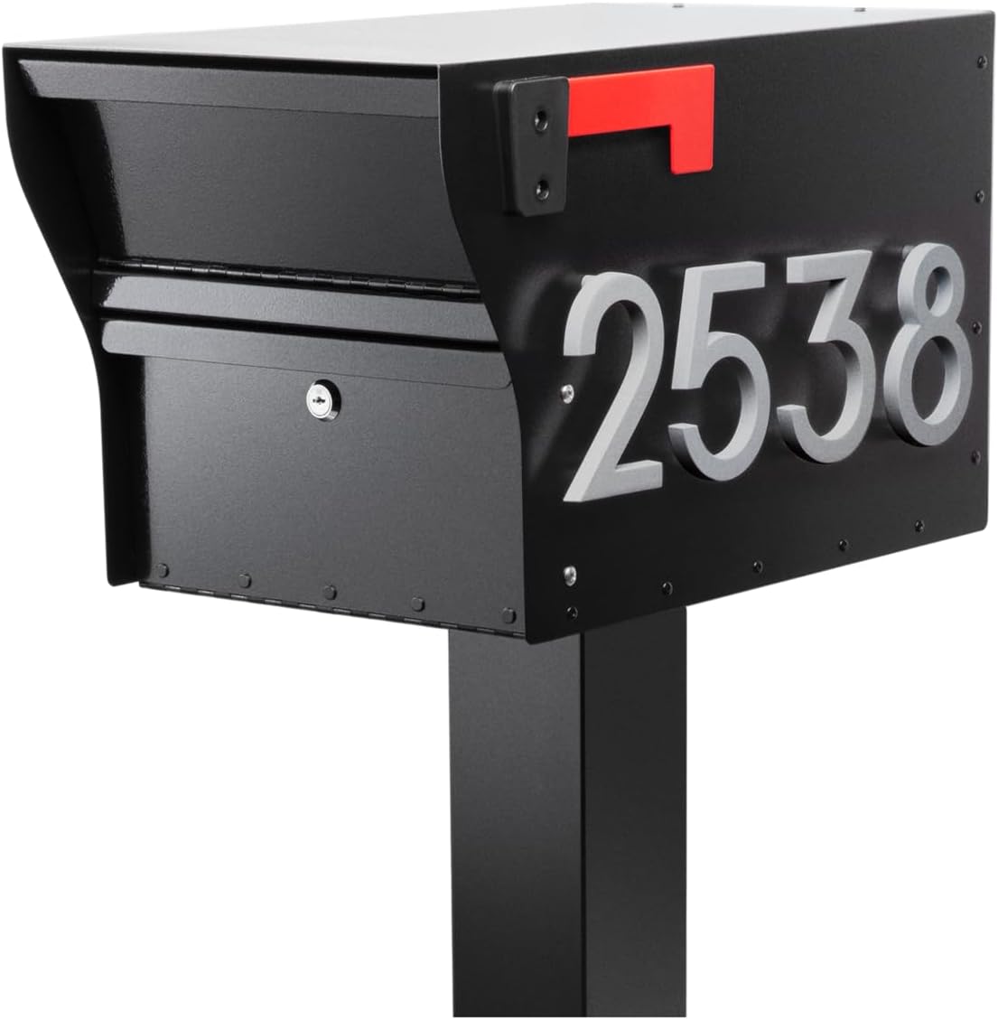 Whitehall MailVault Streetside Locking Mailbox with Standard Post and Personalizable Stand-Off Numbers – Steel, Secure Weather Resistant Modern Square Mailbox & Post (Black/Silver)