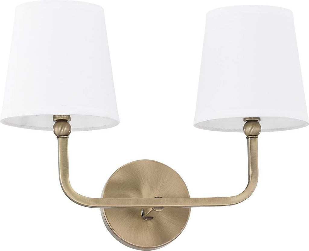 Capital Lighting 119321AD-674 Dawson Decorative White Fabric Stay-Straight Shade Bath Vanity Wall Mount, 2-Light 120 Total Watts, 12' H x 16' W, Aged Brass