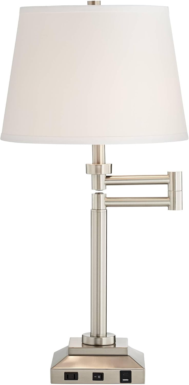 360 Lighting Camber 29' Tall Modern Swing Arm Hotel Style Desk Table Lamp with USB Charging Ports A+C and AC Power Outlet in Base Brushed Nickel Linen Shade Living Room Bedroom House Bedside Reading