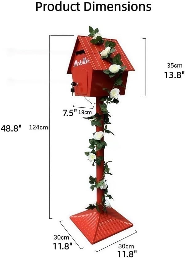 Iron Post Mailbox with Stand, Decorative Cottage Mail Box with Artificial Flowers, Outdoor Mailbox for Courtyard and Exterior Use(White)