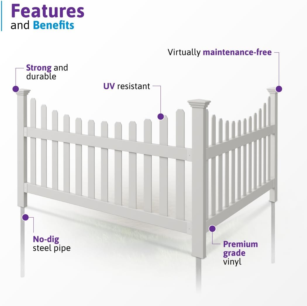 3.5ft H x 6ft W (1 Panel + 1 Post) No Dig WamBam All American Scallop Top Fence Kit, White Vinyl Picket Fence, Easy Install Outdoor Barrier for Backyard or Patio, DIY Decorative Garden Border, ZP19041