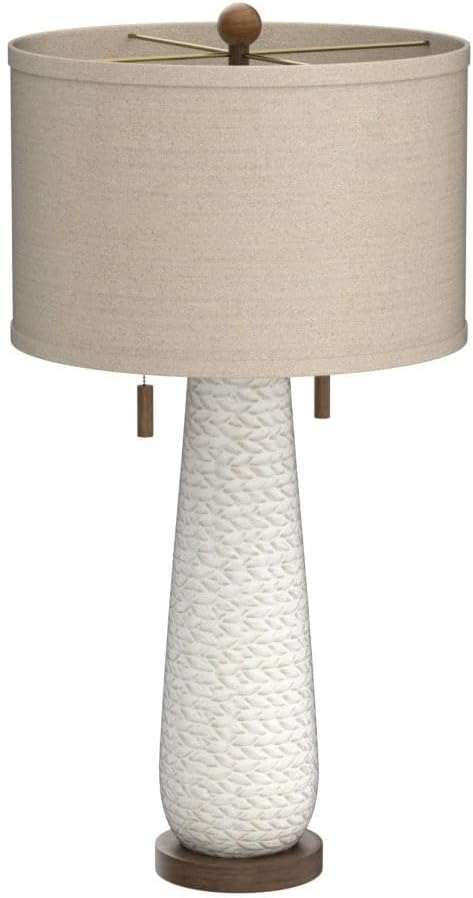 Possini Euro Design Kingston Mid Century Modern Table Lamp 32 3/4' Tall White Grooved Patterned Ceramic Taupe Drum Shade for Bedroom Living Room House Bedside Nightstand Home Office Entryway Family