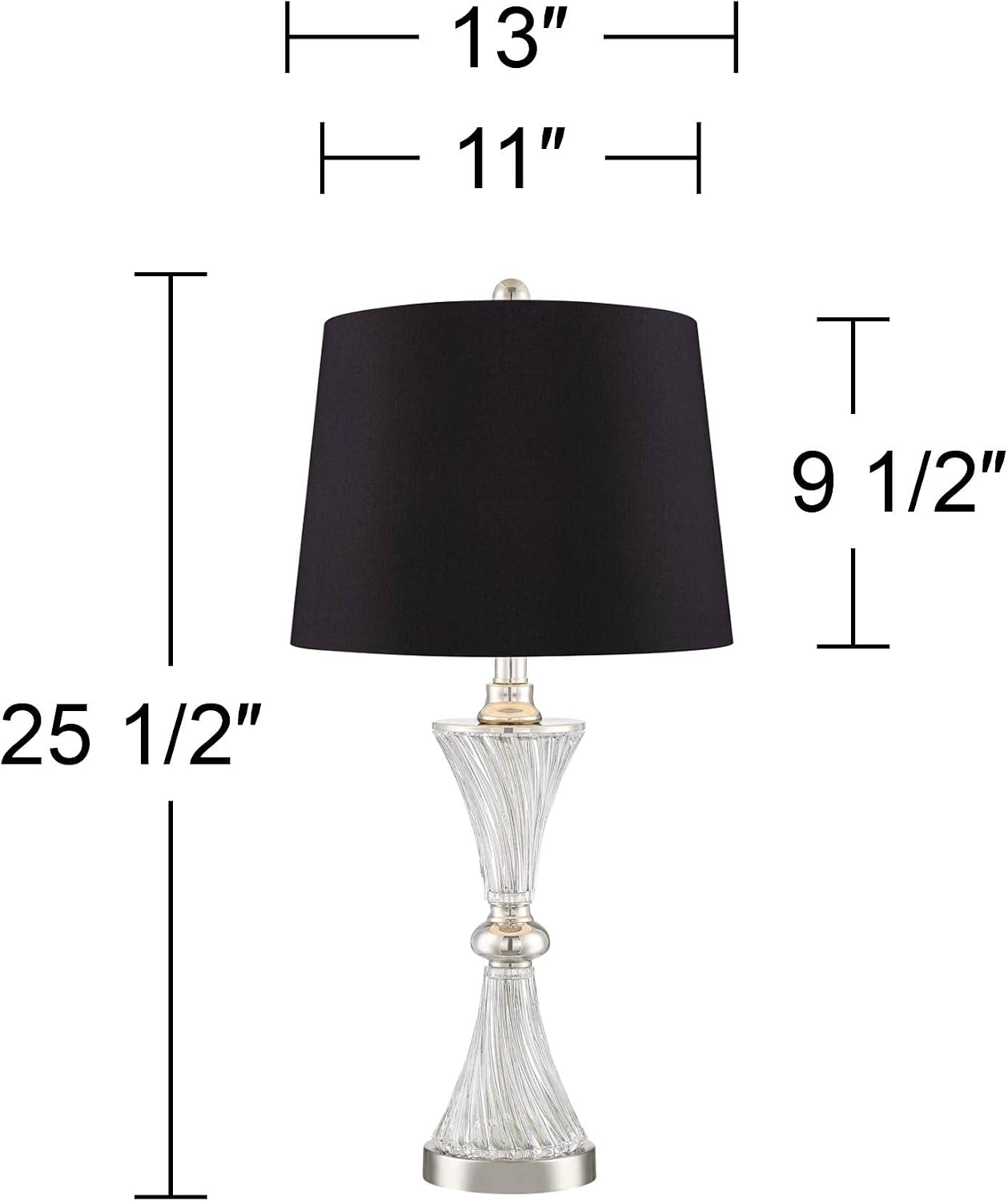 Regency Hill Luca Modern Glam Luxury Table Lamps 25.5' High Set of 2 with USB Port Clear Glass Chrome Black Fabric Drum Shade Decor for Living Room Bedroom House Bedside Nightstand Home