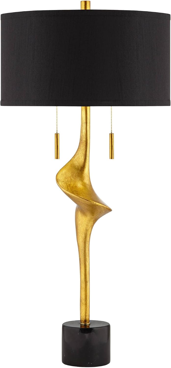 Possini Euro Design Athena Mid Century Modern Buffet Table Lamp 35 1/2' Tall Skinny Sculptural Gold Leaf Metal Abstract Black Drum Shade Decor Bedroom Living Nightstand Bedside Office Kids Room