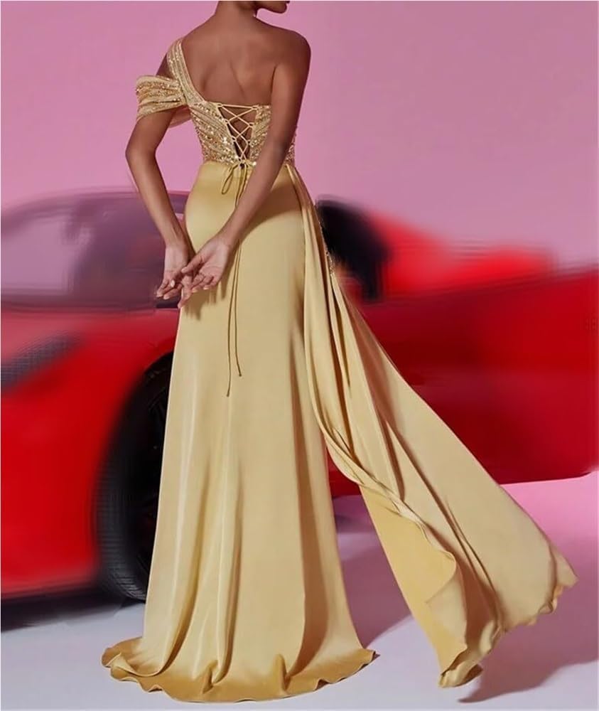 Women's Sequin Split Evening Dress Long Satin Streamer Wedding Party Gown Prom