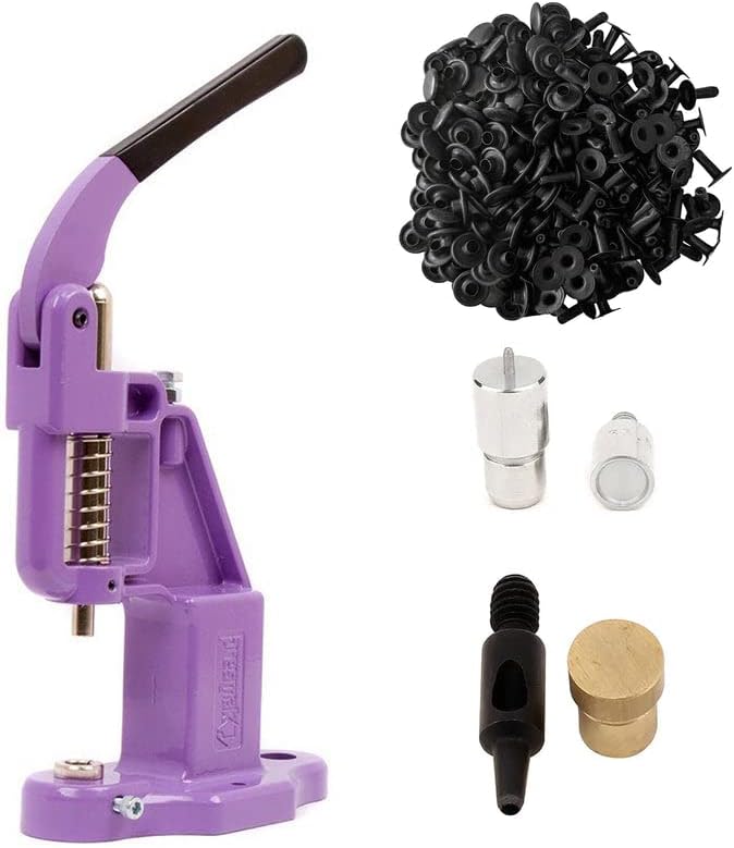 9mm Rivets Kit (1000 Sets) with Hand Press Machine, Dies and Hole Punch. Leather Rivets Single Round Cap Metal Stud Fasteners for Bag Belt Wallet Jeans(Lilac Press & Black Rivets)