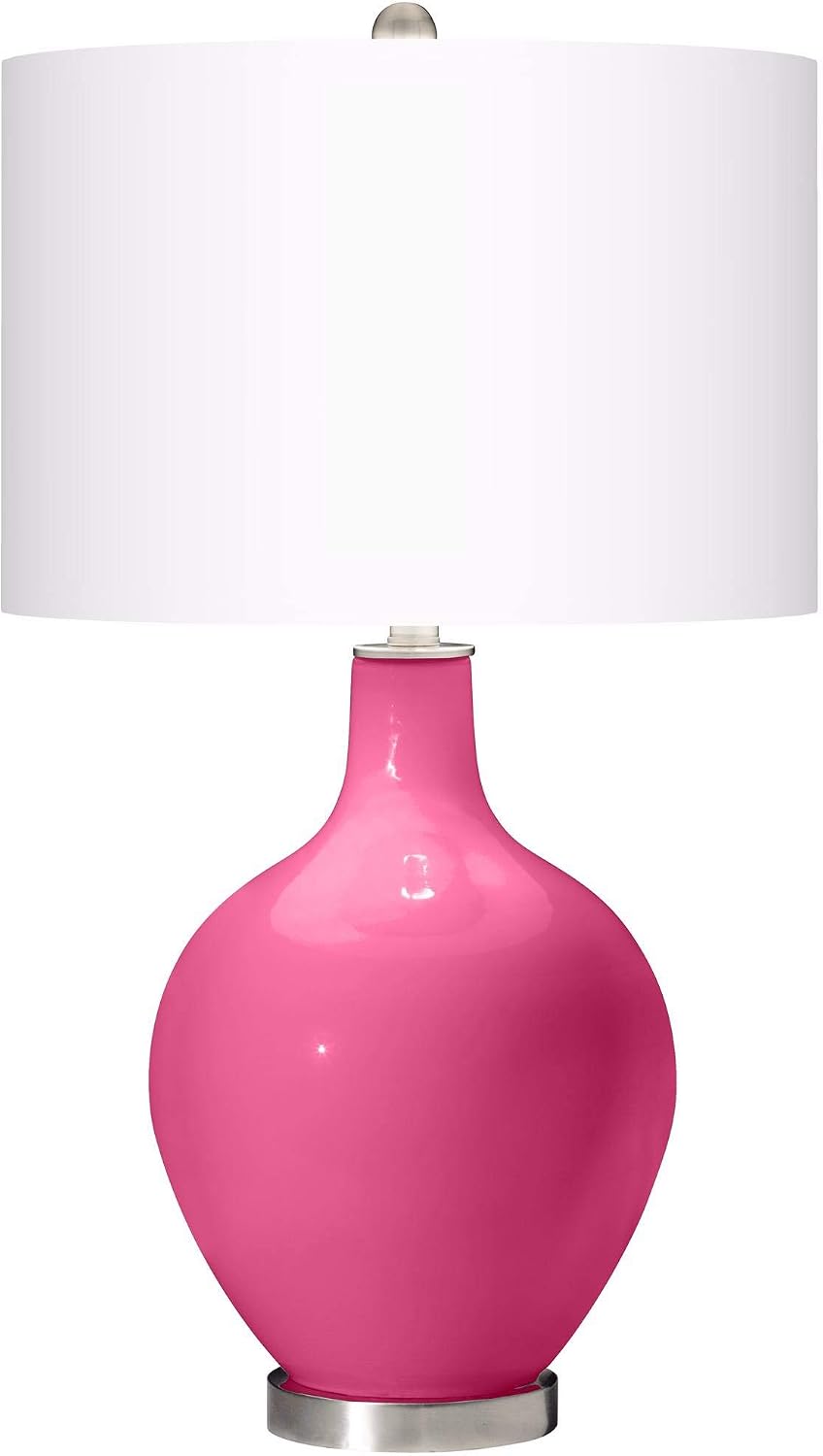 Color + Plus Modern Table Lamp 28.5' Tall Blossom Pink Glass OVO White Linen Drum Shade for Living Room Family Bedroom Bedside Nightstand