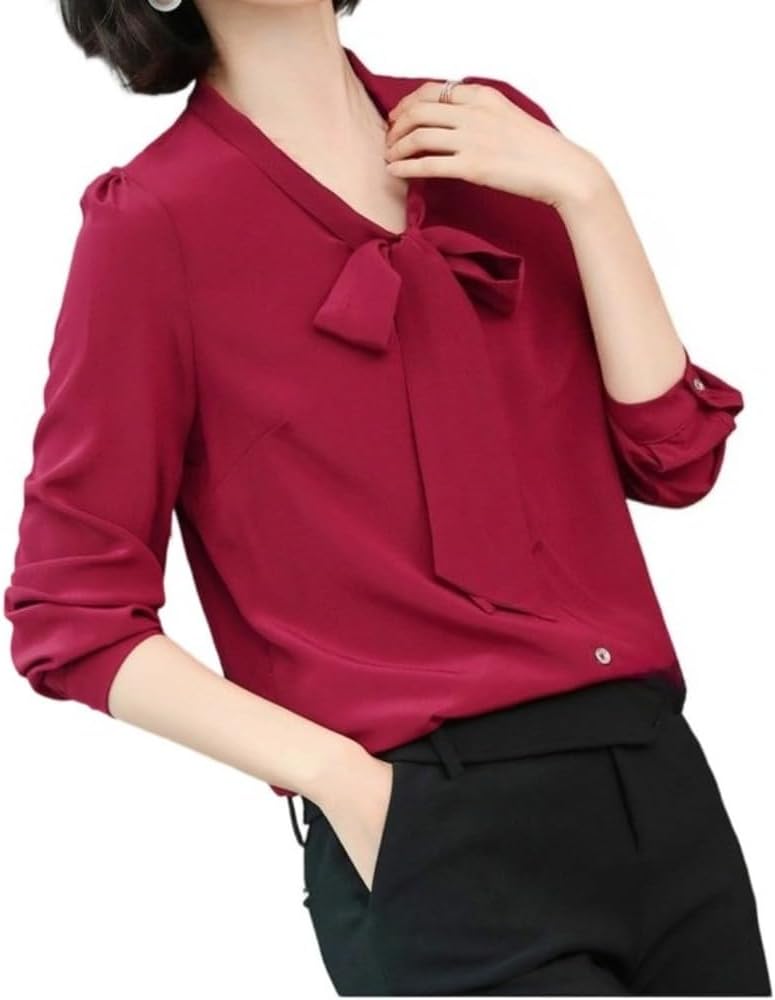 Women's Bow Streamer Silk Shirt Spring and Summer Loose Long Sleeves Soft and Elegant Business Top