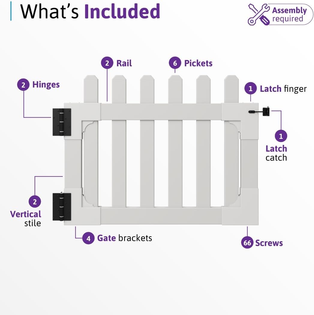 33.5in H x 42in W (1 Gate) No Dig WamBam Newport Gate Kit, White Vinyl Picket Fence Entry Kit for Newport Panels, Access Door for Backyard, Patio, Outdoor, or Garden Barrier, ZP19004