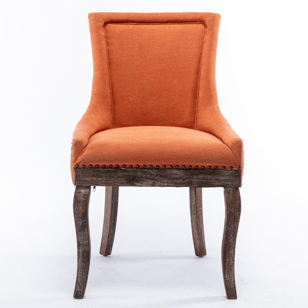 Dining Chairs Set of 2, Thickened Fabric Upholstered Chair with Neutral Solid Wood Legs & Bronze Nailhead Trim, Comfortable Accent Chairs for Dining Room/Kitchen/Living Space(Orange + Fabric)