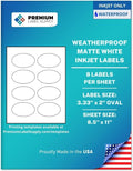 Premium Label Supply Waterproof Matte White Sticker Labels – 3.33' x 2' Oval – Inkjet Printers Only – (8 per Sheet), 500 Sheets - 4,000 Total Adhesive Labels