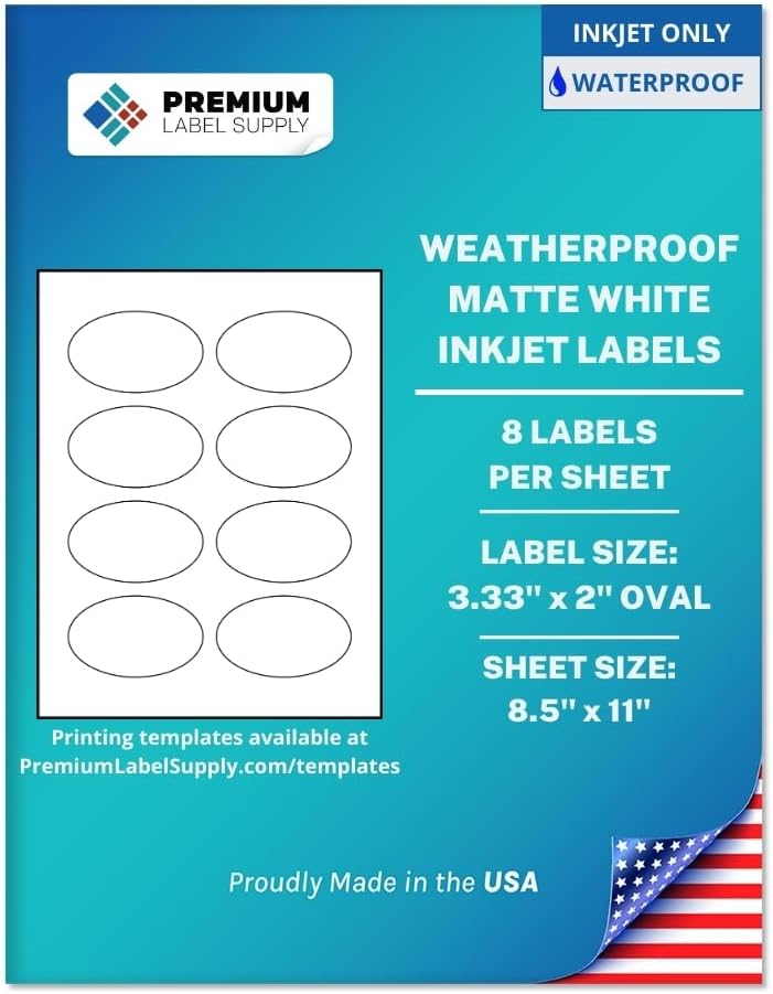 Premium Label Supply Waterproof Matte White Sticker Labels – 3.33' x 2' Oval – Inkjet Printers Only – (8 per Sheet), 500 Sheets - 4,000 Total Adhesive Labels