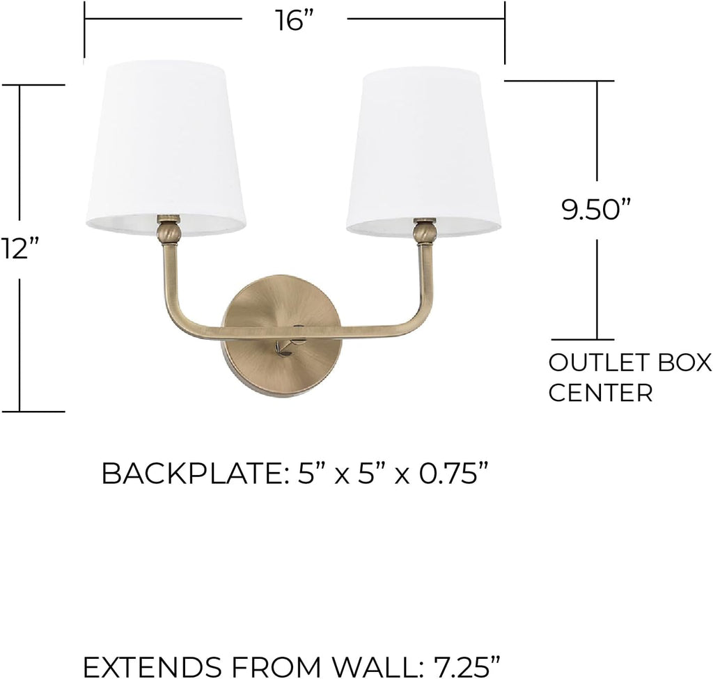 Capital Lighting 119321AD-674 Dawson Decorative White Fabric Stay-Straight Shade Bath Vanity Wall Mount, 2-Light 120 Total Watts, 12' H x 16' W, Aged Brass