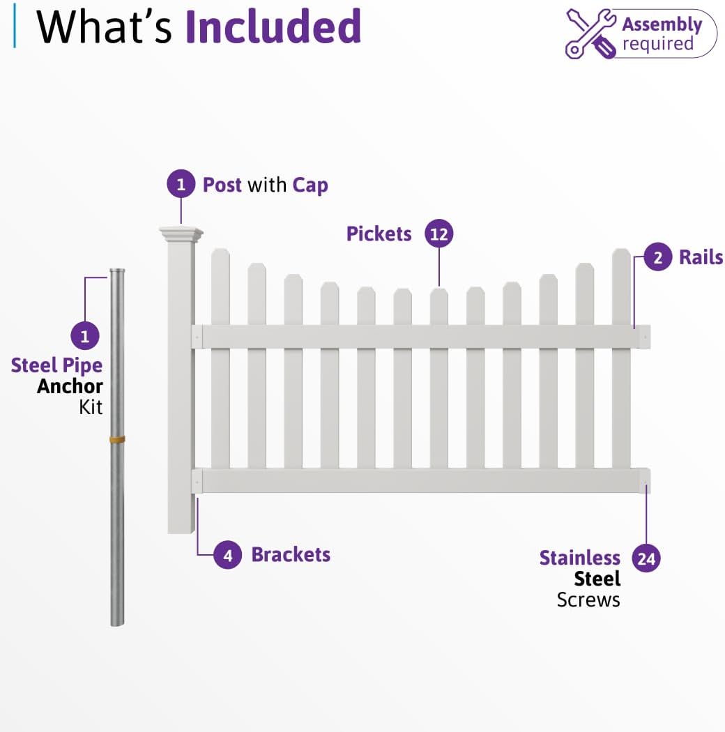 3.5ft H x 6ft W (1 Panel + 1 Post) No Dig WamBam All American Scallop Top Fence Kit, White Vinyl Picket Fence, Easy Install Outdoor Barrier for Backyard or Patio, DIY Decorative Garden Border, ZP19041