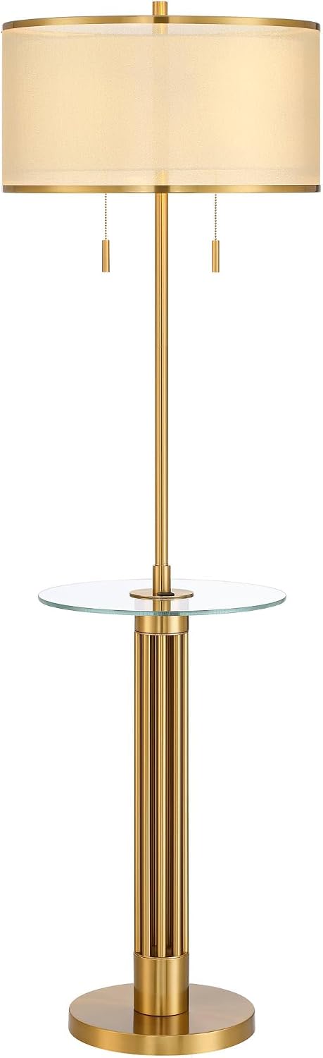 Possini Euro Design Granview Mid Century Modern 66' Tall Standing Floor Lamp with Glass Table USB Port Gold Metal Warm Brass Finish Living Room Bedroom House Reading Office Home Decor Entryway
