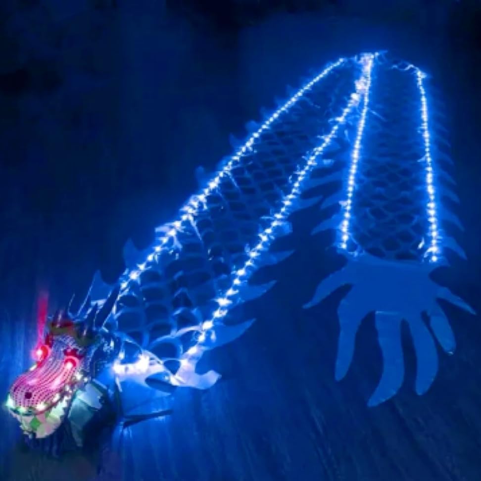8 Meters (26.2 FT) Square Exercise Dance Dragon Poi with 3D Dragon Head and Swing Rope Combo, Chinese Dragon Dance Wulong Flowy Ribbon Streamer Outdoor Fitness Dragon Stage Prop Set (Blue LED)