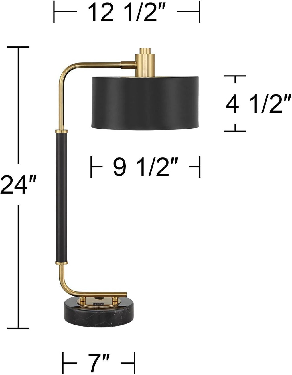 Possini Euro Design Myles 24' High Mid Century Modern Desk Lamp with USB Charging Ports A+C Black Gold Metal Drum Shade Decor for Bedroom Living Room Bedside Nightstand House Home Office