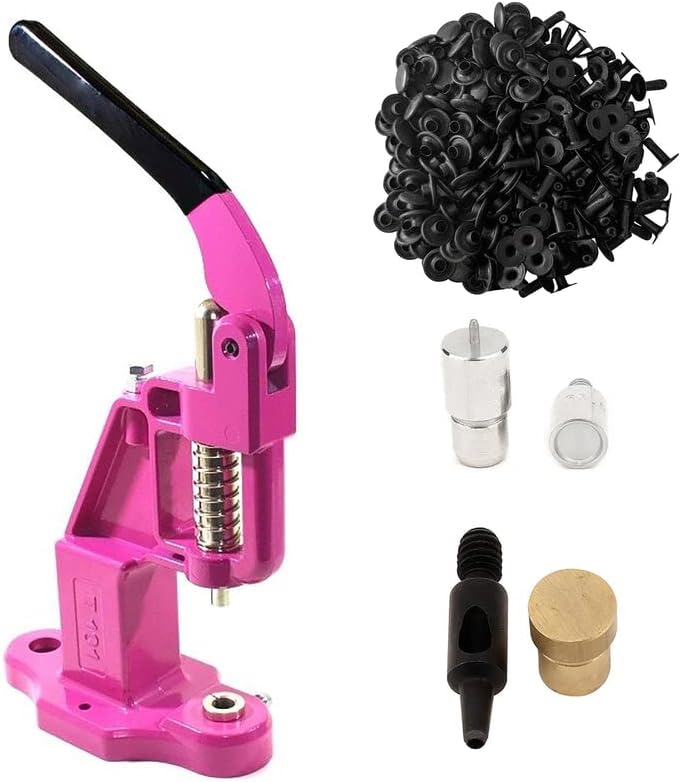 9mm Rivets Kit (1000 Sets) with Hand Press Machine, Dies and Hole Punch. Leather Rivets Single Round Cap Metal Stud Fasteners for Bag Belt Wallet Jeans(PinkPress & Black Rivets)