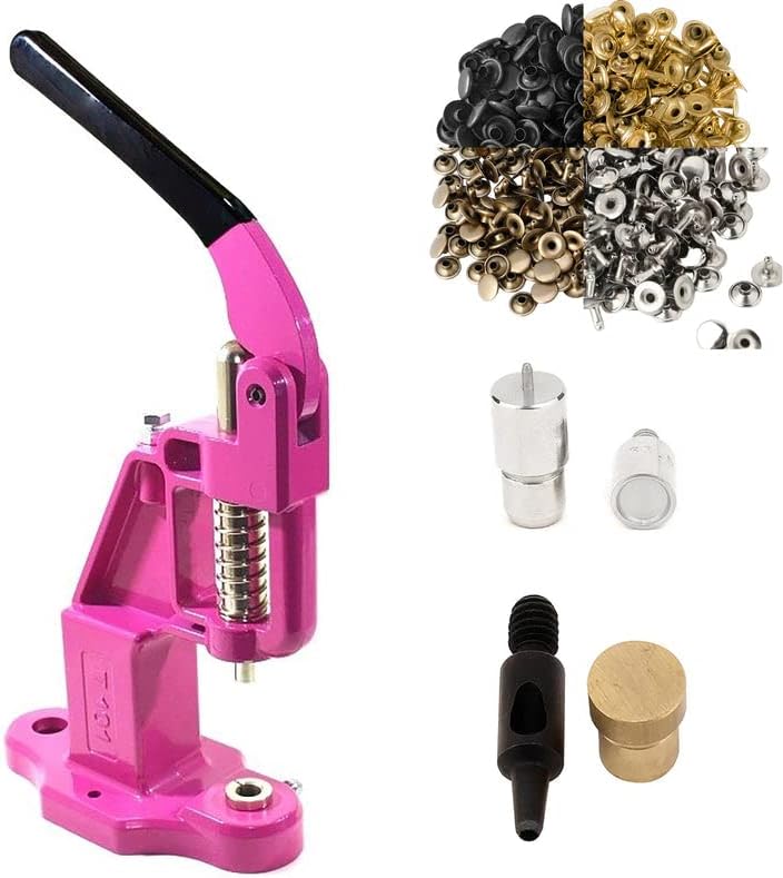 9mm Rivets Kit (1000 Sets) with Hand Press Machine, Dies and Hole Punch. Leather Rivets Single Round Cap Metal Stud Fasteners for Bag Belt Wallet Jeans (Pink Press & Combo (4color) Rivets)