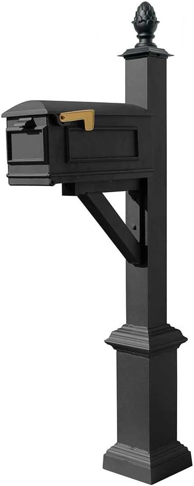 WPD-SB1-S3-LMC-BL Westhaven Cast Aluminum Post Mount System with Lewiston Mailbox, Square Base and Pineapple Finial, Ships in 2 Boxes, Black
