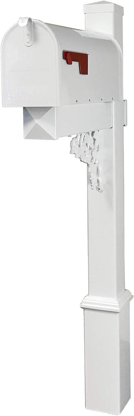 4Ever Products The Coolidge Vinyl/PVC Mailbox Post (Includes Mailbox) Complete Decorative Curbside Mailbox System with Classic Traditional Style (White Mailbox)